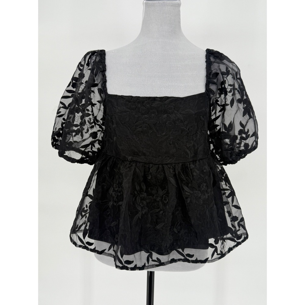 Francescas‎ Black Floral Lace Square Neck Babydoll Coquette Whimsy Womens Top